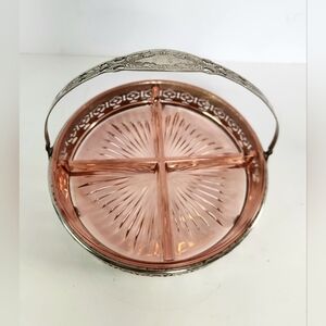 Pink Depression Glass Divided 4 Part 8" Serving Dish With Metal Caddy Vintage